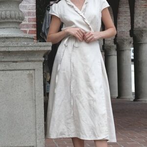 Sandara MIA Linen Wrap Midi Dress with Ruffles Ivory Sz M/L,USA
